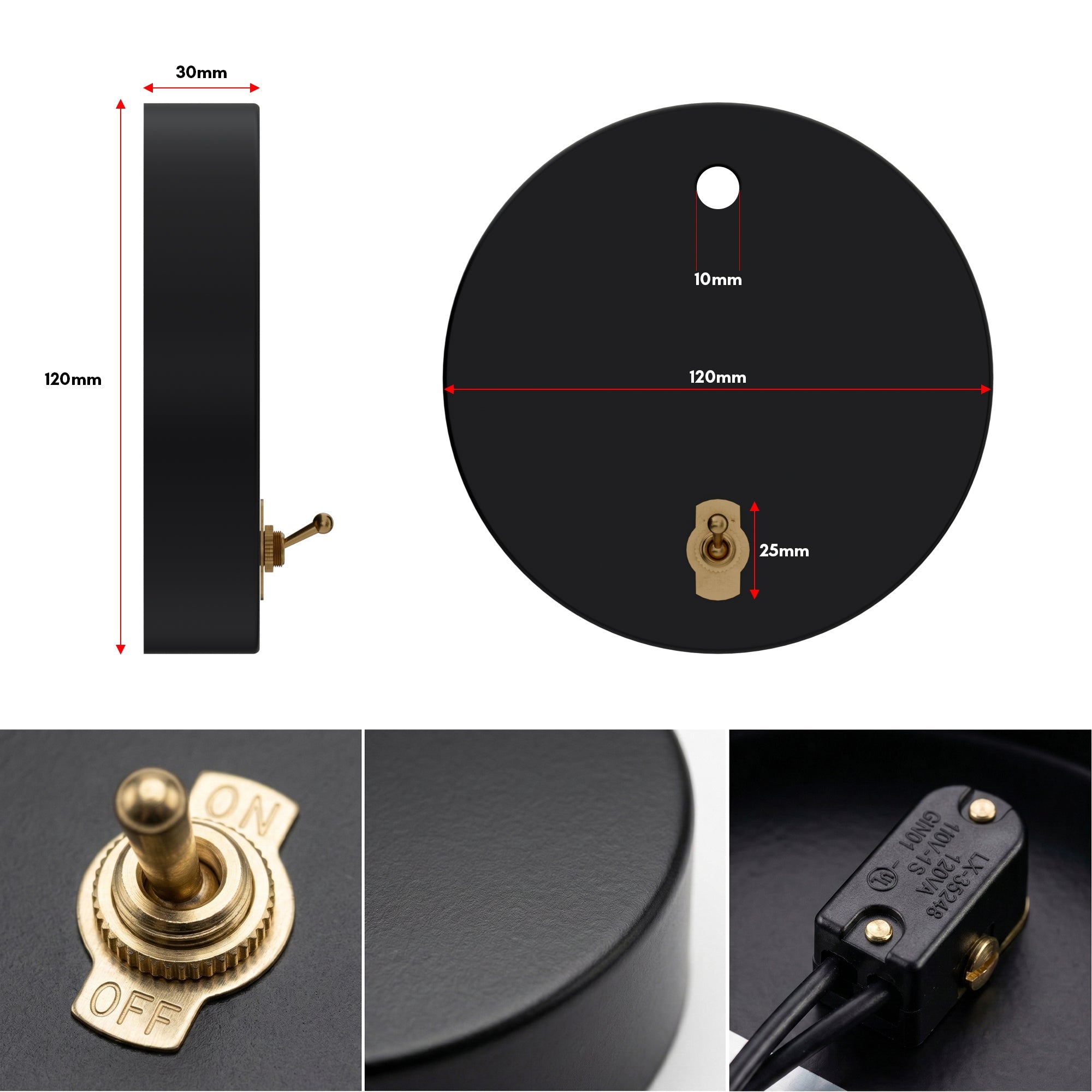 Black Ceiling Rose with Toggle Switch 120mm Ceiling Rose ~6753