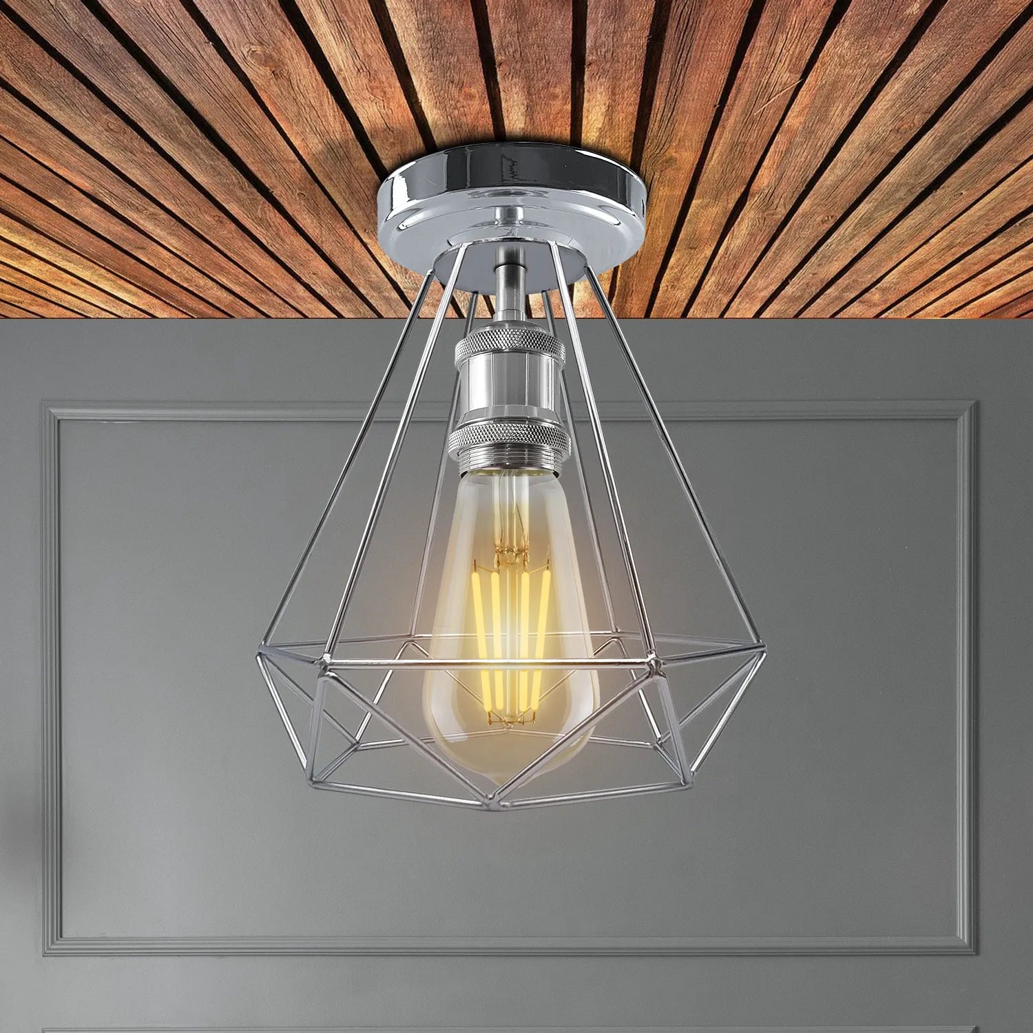 Chrome Colour Ceiling Light Fixtures Metal Semi Flush E27 Screw Edison Lamp~4182
