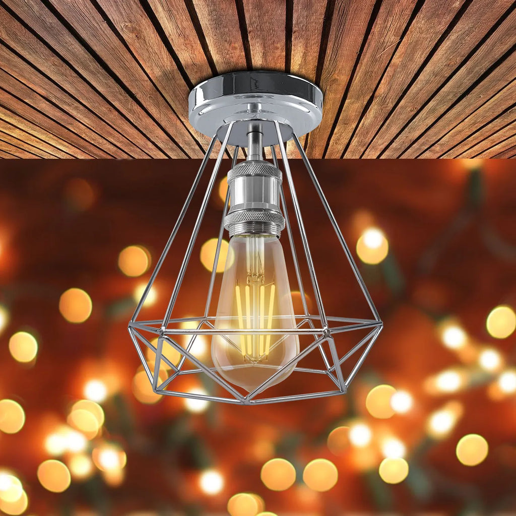 Chrome Colour Ceiling Light Fixtures Metal Semi Flush E27 Screw Edison Lamp~4182