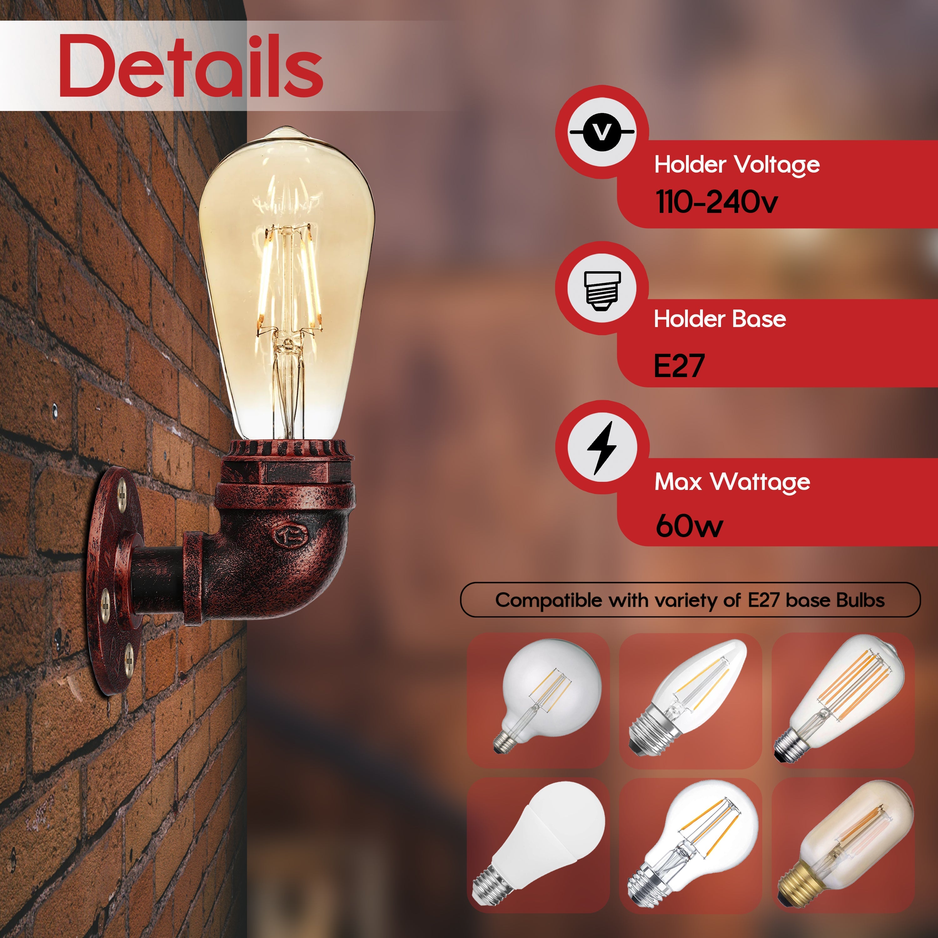 Vintage Industrial Water Pipe Lamp Retro Light Steampunk Wall Sconce + Free Bulb~2136