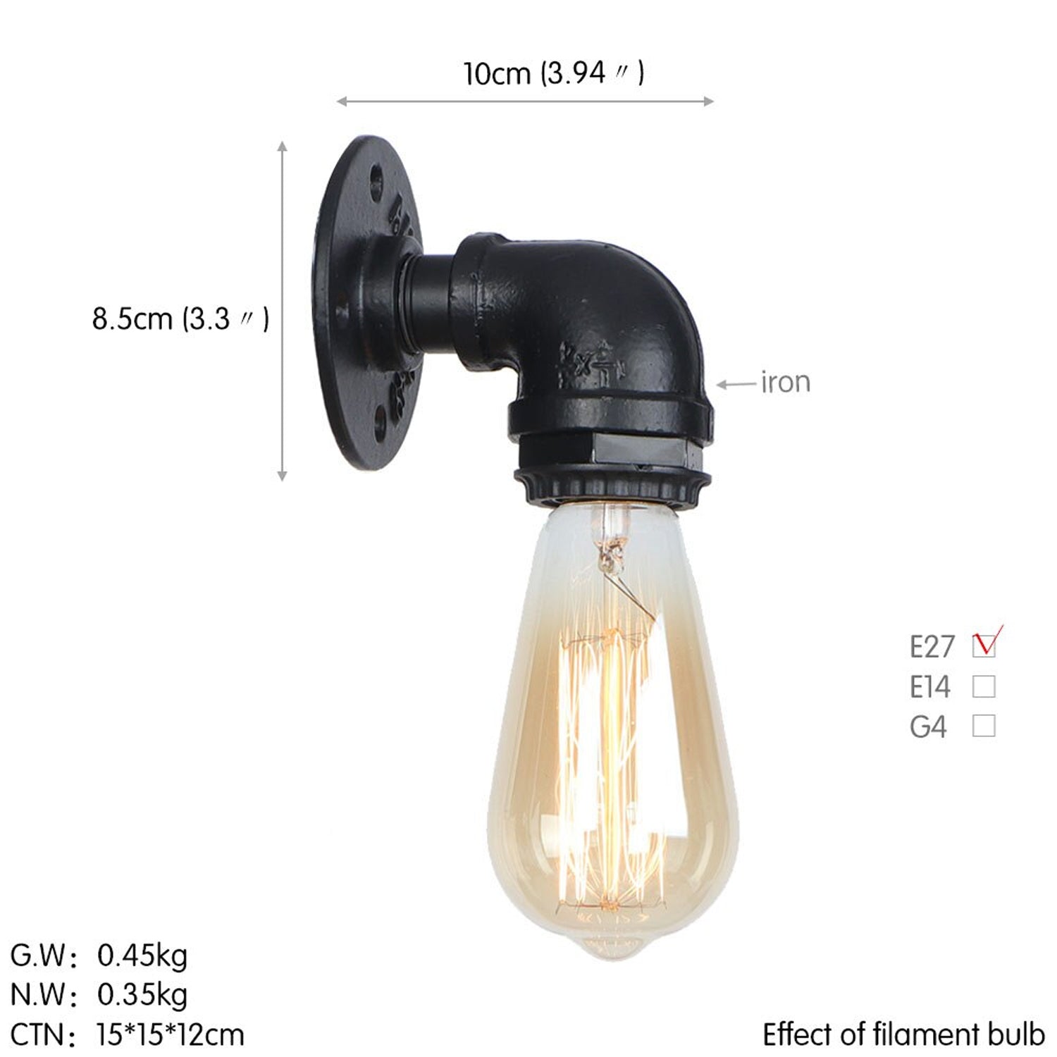 Vintage Industrial Water Pipe Lamp Retro Light Steampunk Wall Sconce + Free Bulb~2136